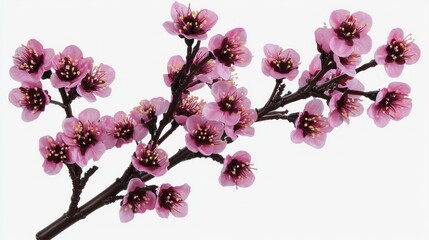 Fototapeta premium Pink cherry blossom branch, spring bloom, white background, nature scene, floral design
