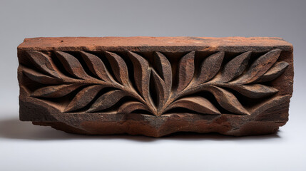 Intricate leaf pattern carved into weathered red sandstone frieze, an ancient architectural element showcasing craftsmanship and timeless aesthetic appeal.