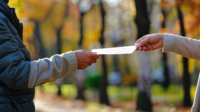 Close up of two people exchanging petition form or flyer on street in autumn park. Concept of civic participation, community activism, volunteer initiative, candidate nomination for election