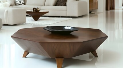 Modern octagonal coffee table in a bright living room.