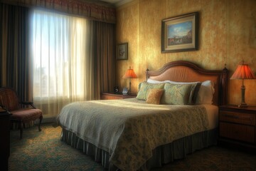 Morning light fills a cozy hotel room with elegant decor and inviting atmosphere, Morning in Hotel Room, indoors