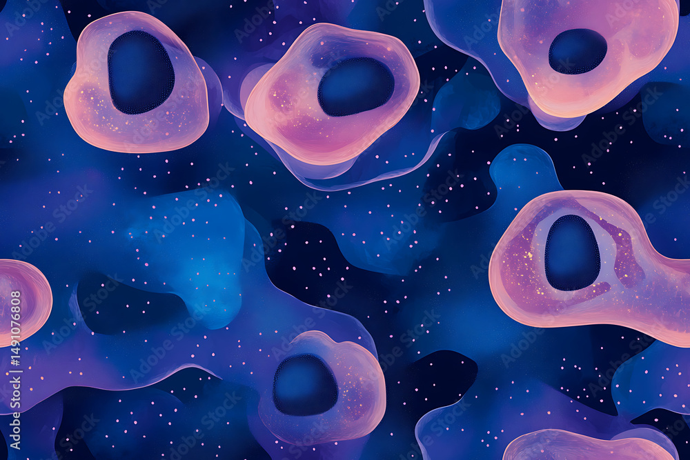 Poster abstract background with floating shapes and small dots in shades of blue and pink color palette
