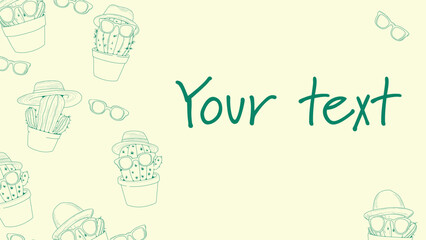 Summer background for your banners, decorated with chaotically scattered silhouettes of cheerful cacti in sunglasses and summer hats. Muted yellow background with cacti and space for your text