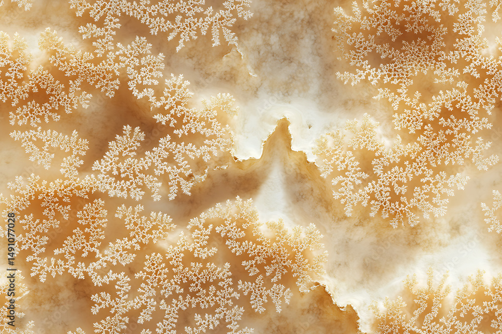 Poster close up view of dendritic patterns on a light brown and white surface with a bright central area