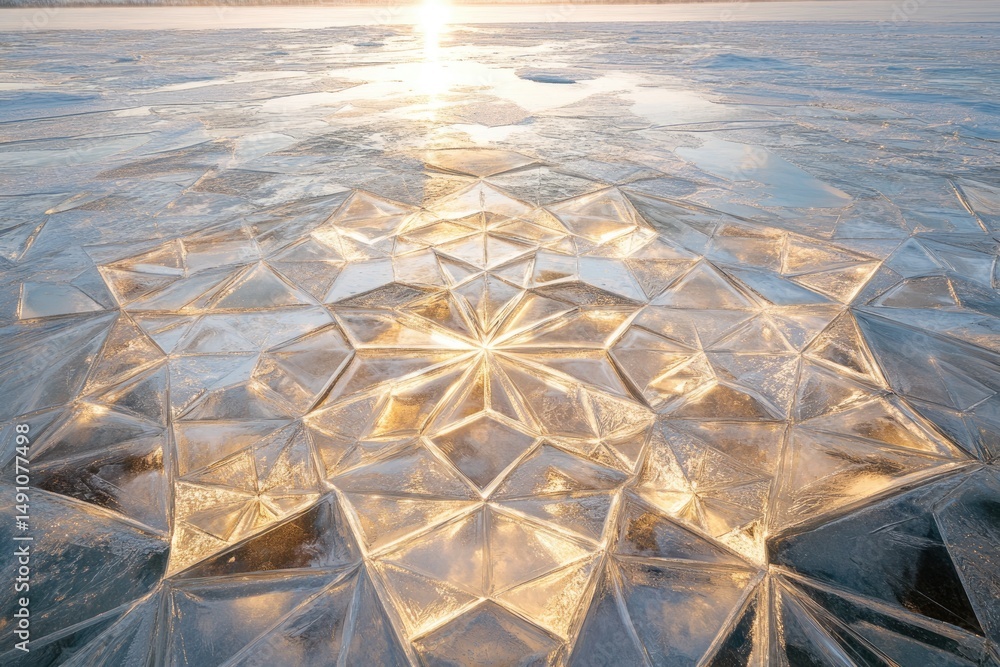 Aufkleber golden sunlight streams through geometric ice patterns on a frozen lake, creating a mesmerizing wint