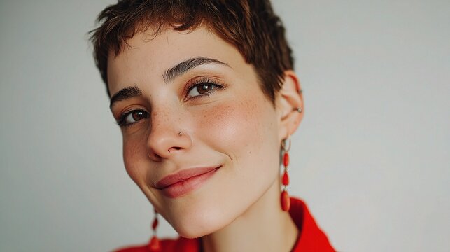 Confident Trans Woman with Short Hair and Earrings in Close-Up Portrait