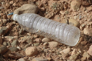 A single empty plastic bottle lying on the ground, Environmental pollution