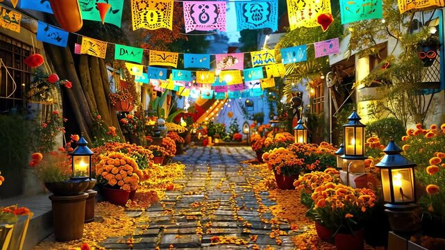 Vibrant mexican street adorned with colorful papel picado and marigolds for day of the dead celebration. concept of cultural festivity, traditional decorations, joyful atmosphere.