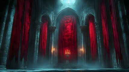 Dramatic Gothic Fantasy Hall with Red Velvet Drapes and Mysterious Archways