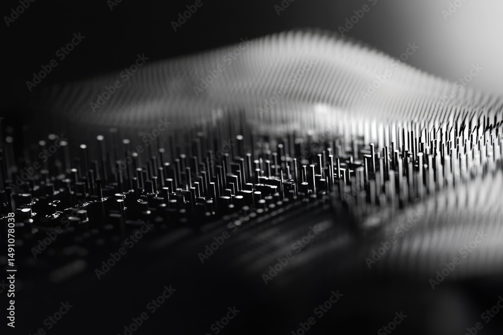 Aufkleber monochromatic abstract of rising pins forming a landscape with shallow depth of field and blurred el