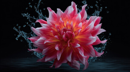 Obraz premium An eye-catching dahlia with pink and white petals is captured with dynamic water splashes against a dark backdrop, creating a visually stunning floral display.