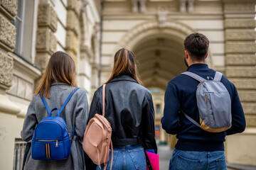 Back View of Three Students Walking Down the Street Together..