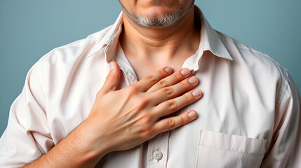 a person wearing a light shirt while placing a hand over their chest, symbolizing emotion, sincerity, or health awareness.
