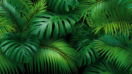 Lush green tropical foliage featu monstera and palm leaves creates a vibrant and exotic backdrop reminiscent of a rainforest or jungle setting with dense vegetation.