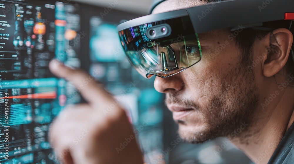 Poster high-tech engineer using ar glasses for advanced data analysis