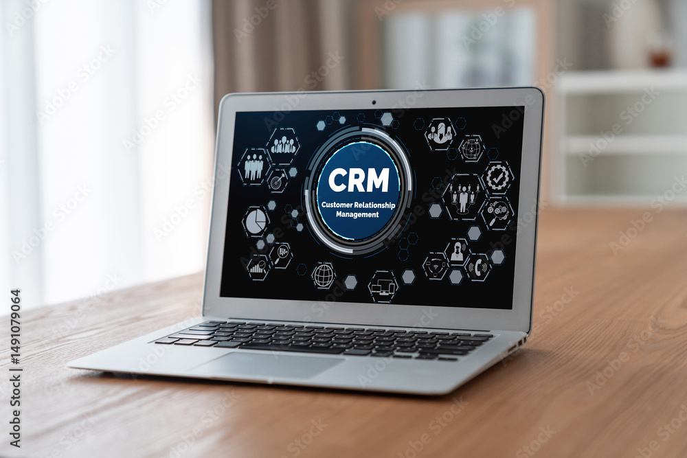 Poster customer relationship management system on modish computer for crm business and enterprise