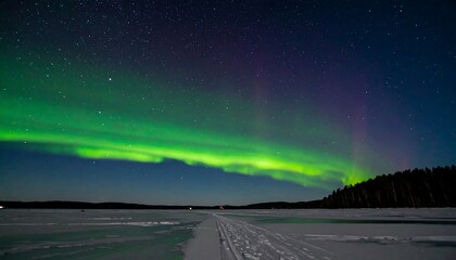 Aurora Borealis shines over a snowy winter landscape at night