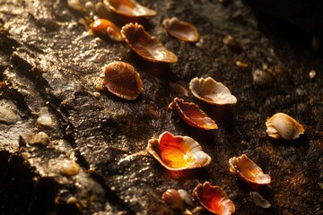 Seashells gleam on a textured dark surface, catching the sunlight in an artistic, natural, and somewhat abstract composition.