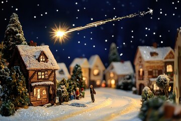Fototapeta premium Shooting star illuminates a festive village scene during Christmas celebrations, a shooting star in a village decorated for Christmas
