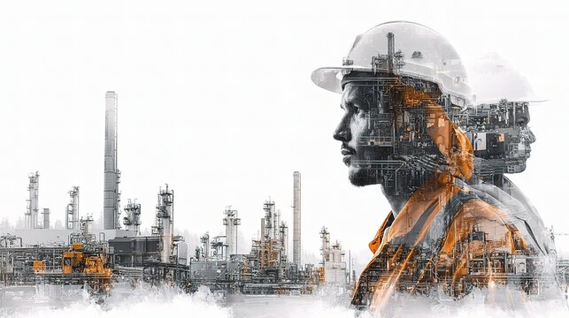 Diverse Factory Workers in Artistic Double Exposure Effect