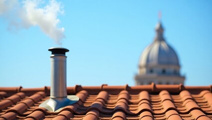 Red brick chimney atop an old tile roof against the blue sky details the house's exterior architecture