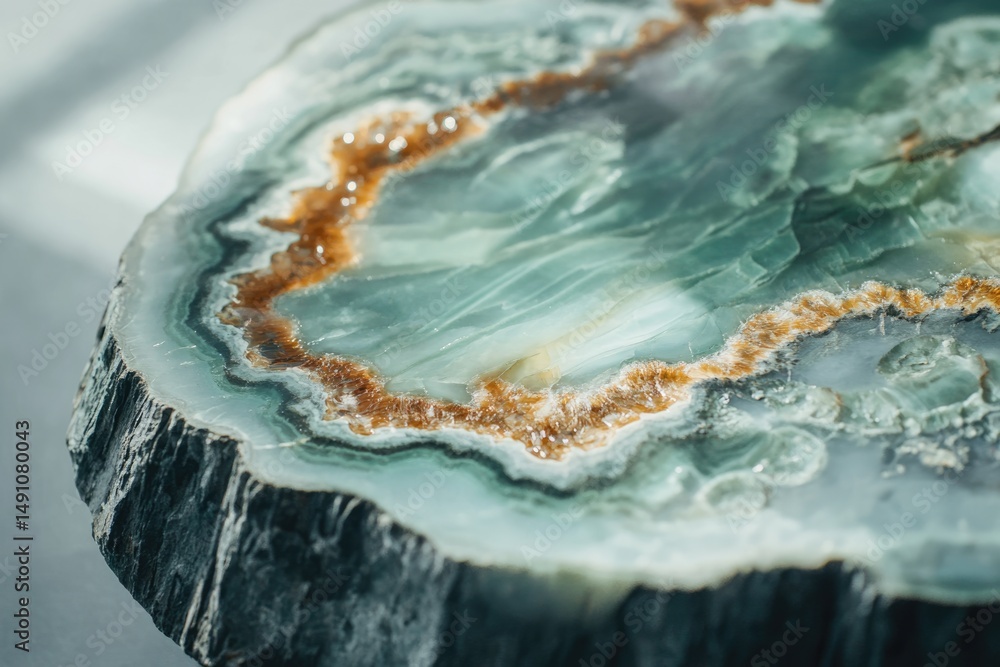 Poster a polished slab of green aragonite gemstone with concentric patterns and a rough outer edge is displ