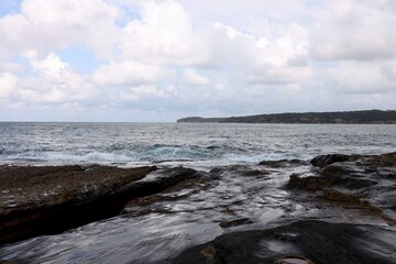 Rocky coastal shoreline with ocean waves and a forested background. Ideal for travel, nature, or outdoor adventure themes.