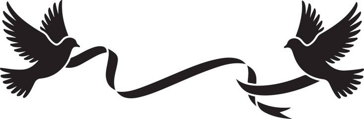 Black and White Vector Silhouette of Doves Flying with Ribbon