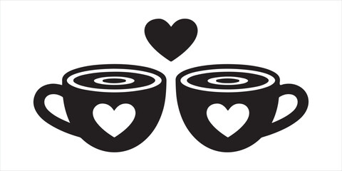 Two Coffee Cups with Hearts – Cute Couple Illustration in Black and White