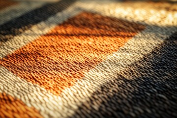 Fototapeta premium Close-up of a warm-toned, textured carpet with geometric patterns and sunlight highlighting the soft, woven fibers, creating depth.