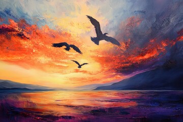 Obraz premium Breathtaking view of birds flying against a vibrant sunset sky over tranquil waters, Birds in the sunset sky