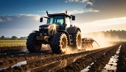 Fototapeta premium Tractor Plowing Field at Sunset.