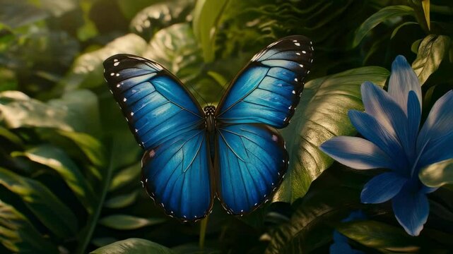 Vibrant Blue Morpho Butterfly in Lush Tropical Foliage