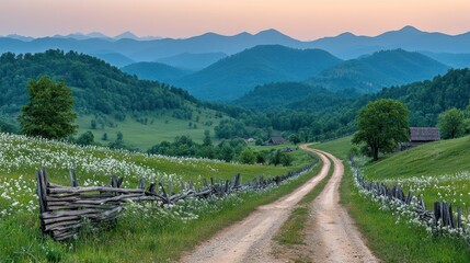 Peaceful mountain road at dawn