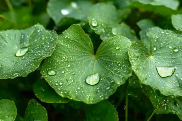 Close up of green leaves with water droplets glistening on their surfaces after a recent rainfall