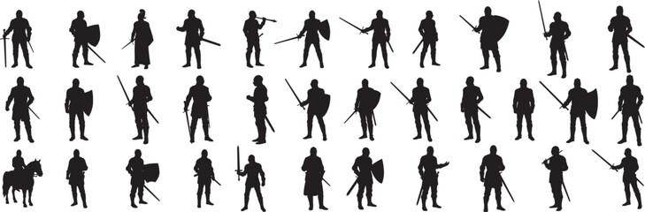 Silhouette knight medieval warrior sword shield armor horse army historical fantasy vector illustration