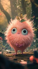 Whimsical Forest Creature: A Charming Pink Fluffball in Lush Green Woods