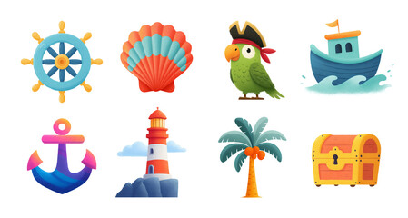 Colorful summer beach icons collection. Flat style clipart isolated on transparent background. Travel and vacation concept. Design for stickers, t-shirts, summer product advertisement.