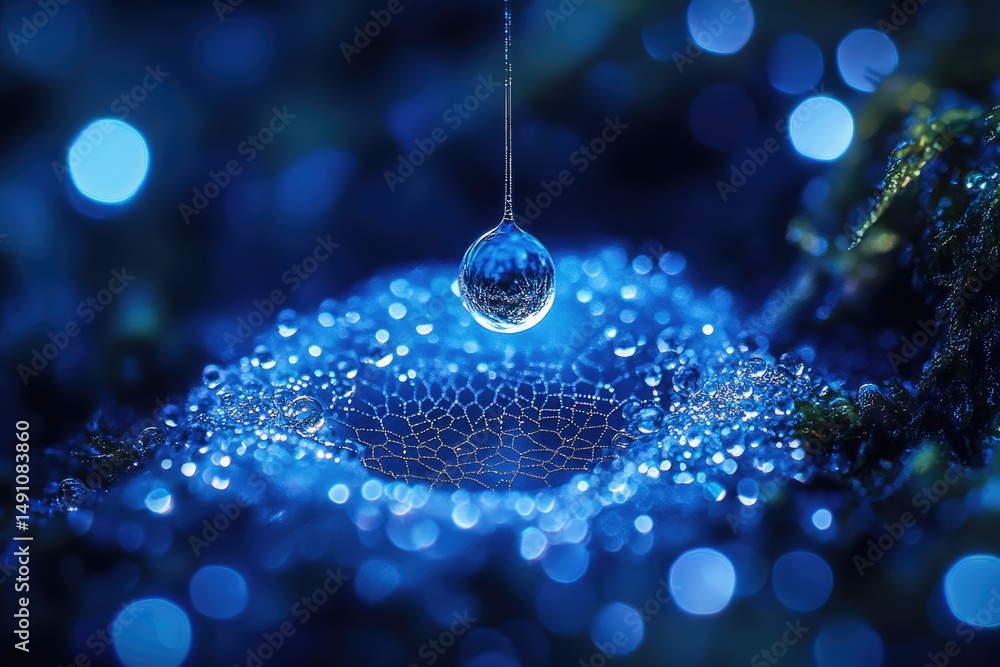 Poster a captivating blue-toned image of a spiderweb adorned with dewdrops, highlighted by a hanging drople