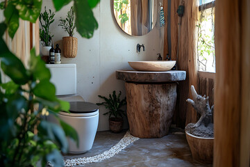 Rustic bathroom with wooden sink and toilet surrounded by plants and natural light streaming through window