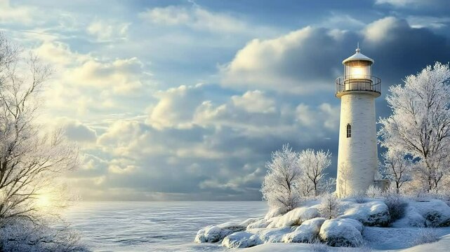 Snowy winter lighthouse landscape