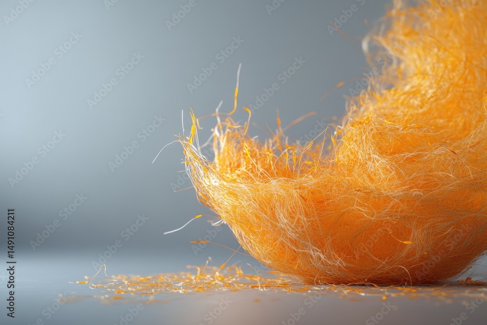 Poster an abstract macro shot of a vibrant orange fibrous sphere with wispy strands against a grey backgrou