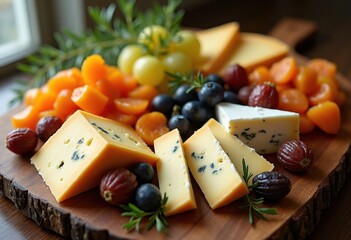 artfully arranged cheese platter dried fruits gourmet presentation appetizer display palette flavors, snack, arrangement, selection, sampler, cheddar, brie