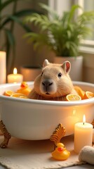 Christmas candle in a white bowl with a cute fluffy brown dwarf hamster