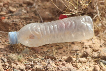 A single empty plastic bottle lying on the ground, Environmental pollution