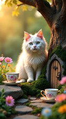 Cute young domestic tabby kitten with green eyes looking in the garden or on the table