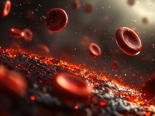 Red blood cells in motion over fiery background
