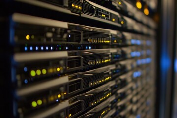 Naklejka premium Data processing and digital protections at a technology facility during the evening hours, data protections text and digital data processing over computer servers