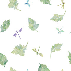 Seamless pattern with dragonflies and green leaves. Hand-drawn watercolor illustration. Botanical clip art of plants and insects isolated on white background. For printing, vintage design, wallpapers.