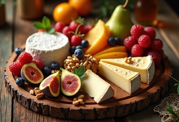 artisan cheese selection natural accompaniments fresh fruits rustic board gourmet tasting experience, platter, variety, nuts, crackers, cheddar, brie, goat